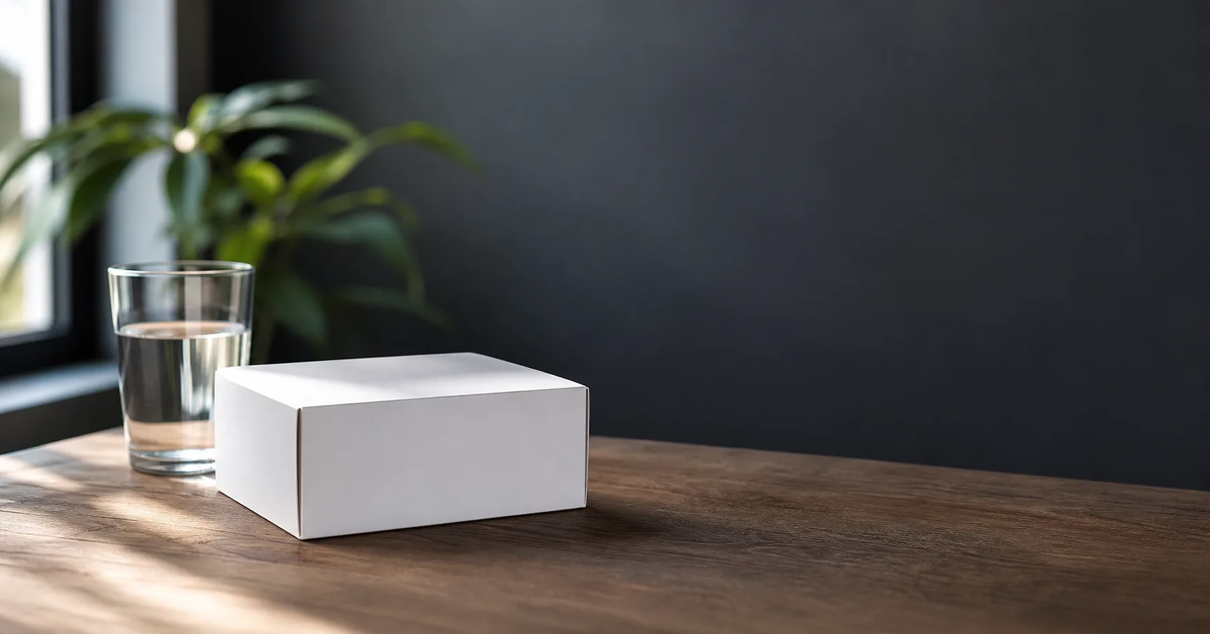 A white Baseline Health test kit box on a wooden table beside a glass of water, with a softly blurred plant and window in the background.