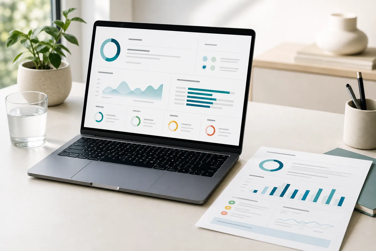 A laptop on a desk displaying a health results dashboard with donut charts, a line graph and bar charts, beside a printed results report, a glass of water and a small potted plant.