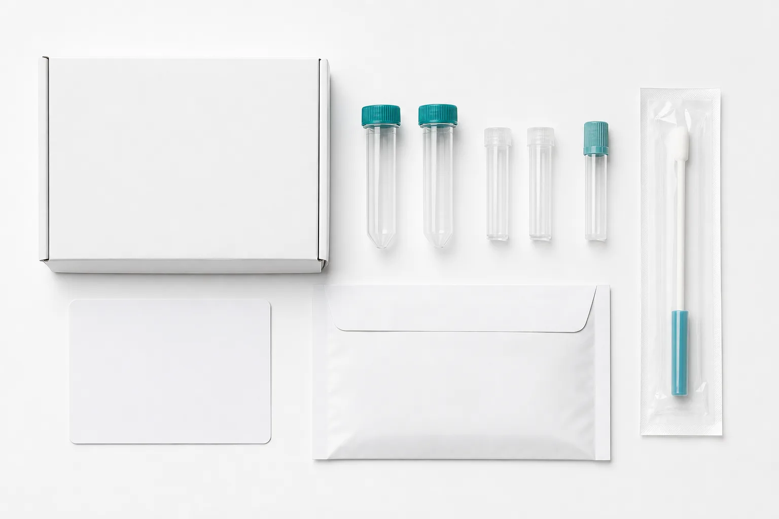 Flat lay of a Baseline Health collection kit's contents: a white mailing box, a pre-paid return envelope, capped sample tubes, empty collection tubes, and a sealed swab.